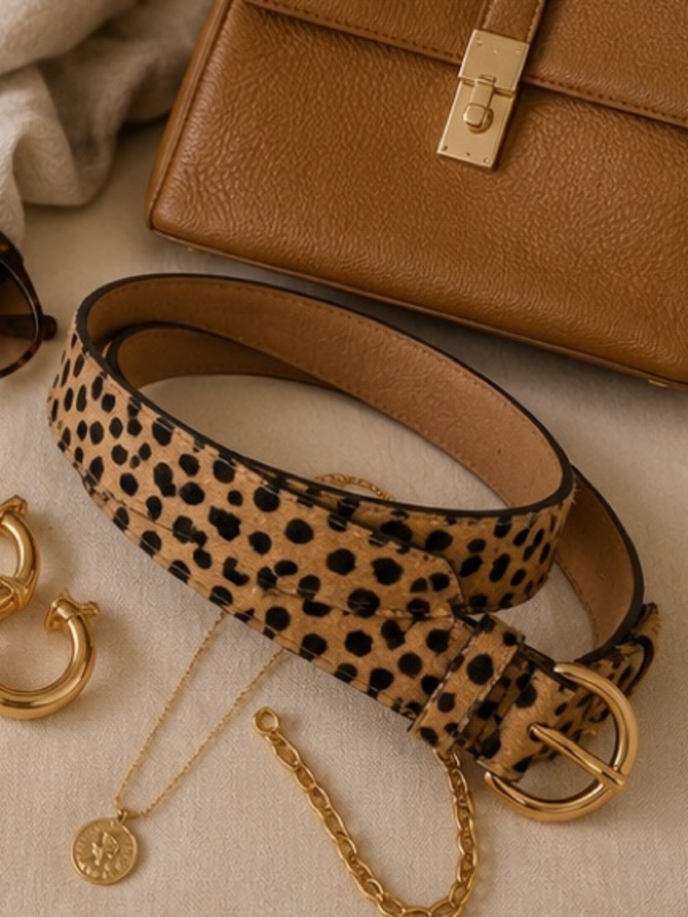 NWT Luxe Cheetah Print Hair-On Faux Leather Belt Gold Buckle